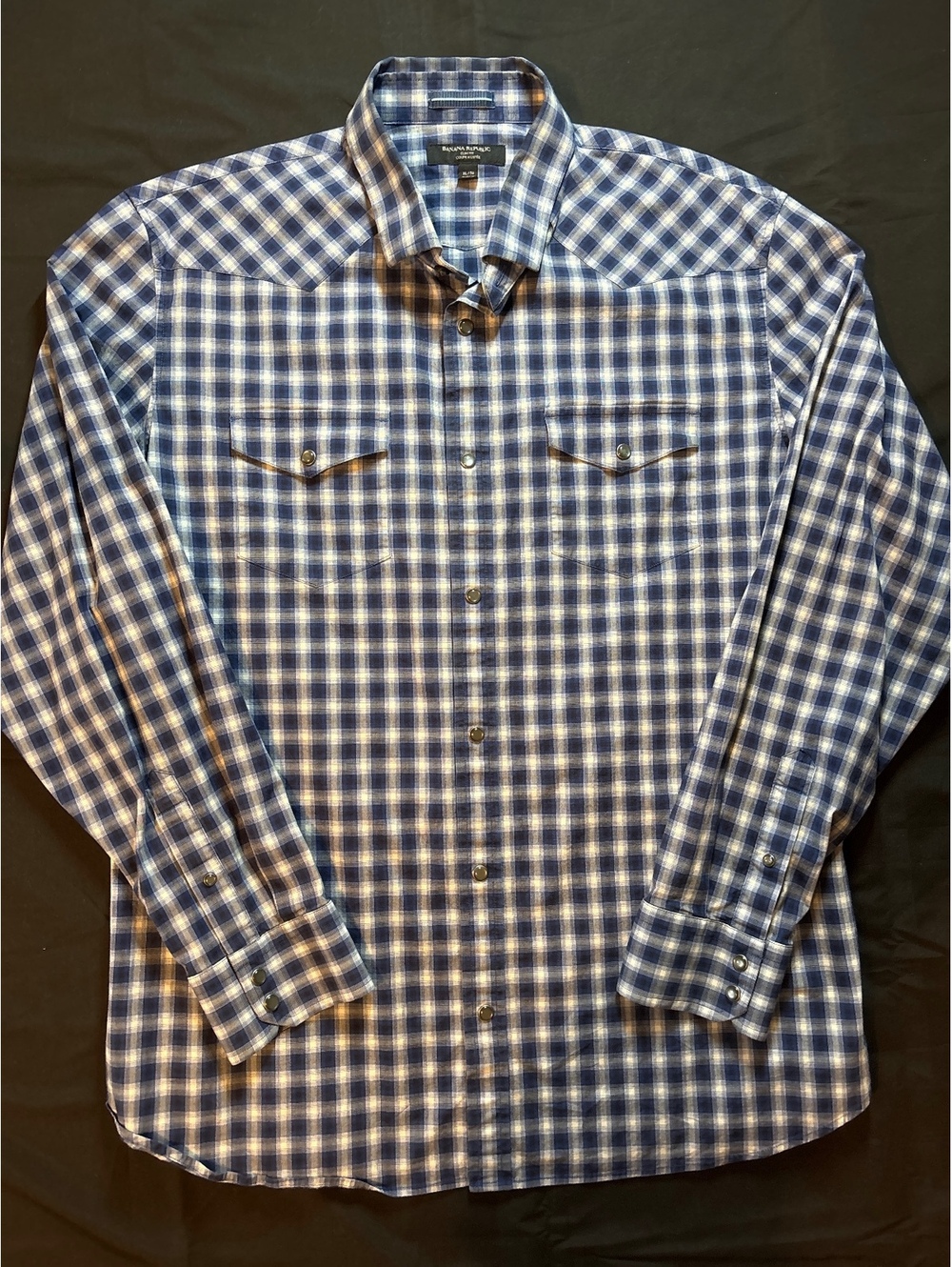Banana Republic XL Slim Fit Blue Plaid Western Shirt Snap Buttons Dual Pocket